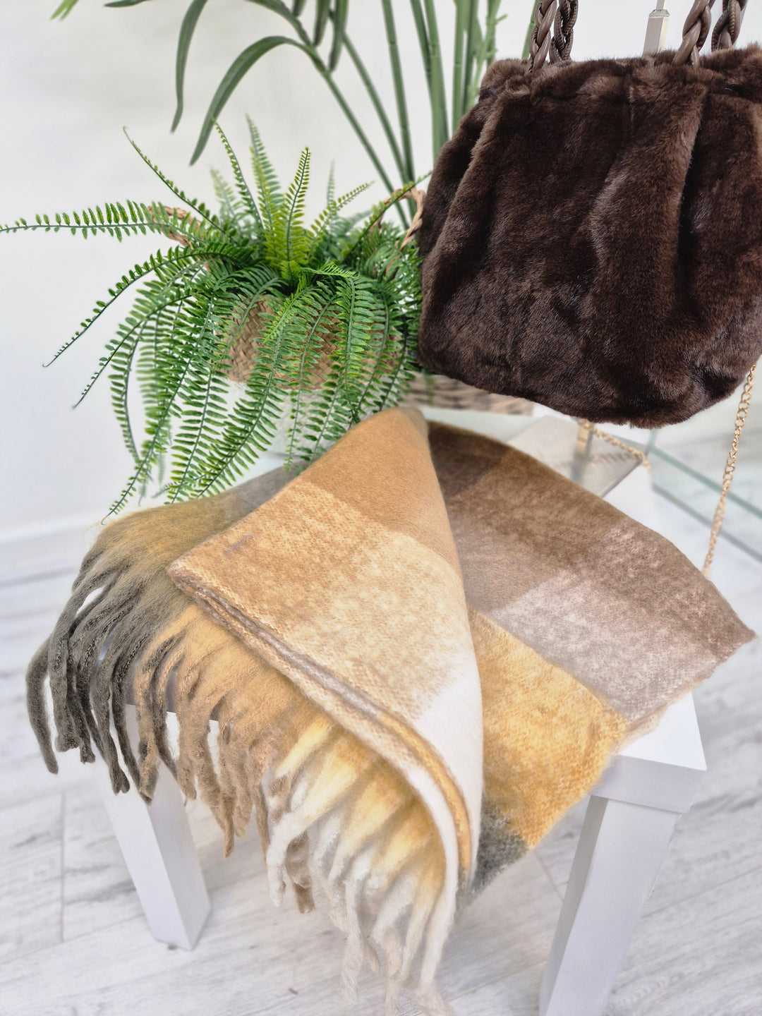 Checked Scarf with Fringing - Chocolate Multi