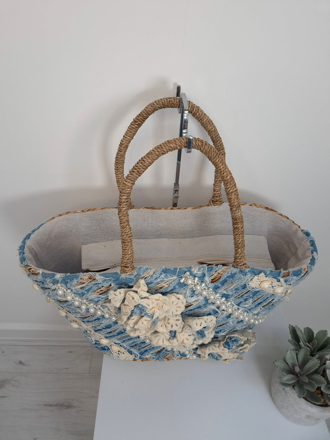 Stonewashed Denim Beach Bag with Pearls and Crystals
