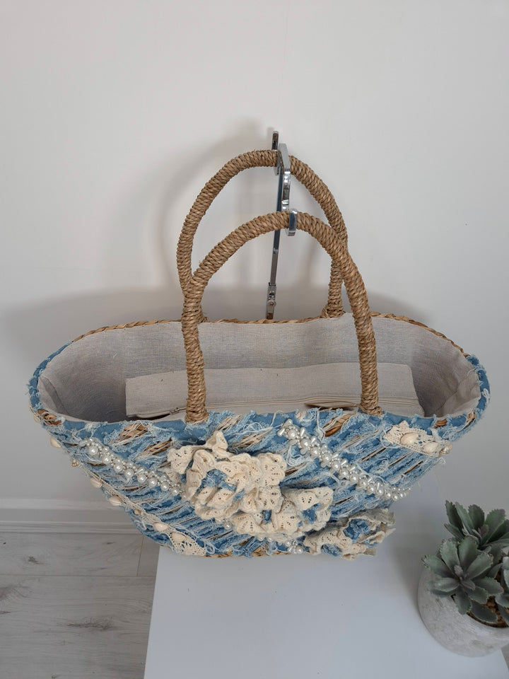Stonewashed Denim Beach Bag with Pearls and Crystals
