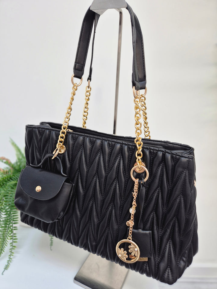 Alexis Quilted Faux Leather Bag with Charms - Black