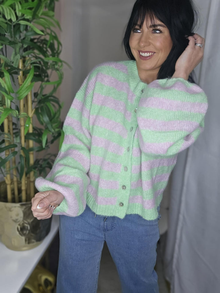 Amelia Striped Cosy Cardigan (One Size from Size 8 up to Size 16) - Lime/Pink
