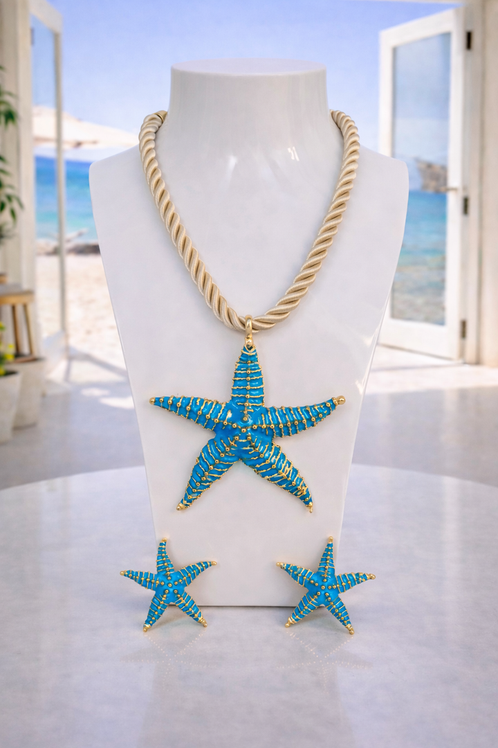 Starfish Necklace & Earrings Set (Gold Tone) - Aqua