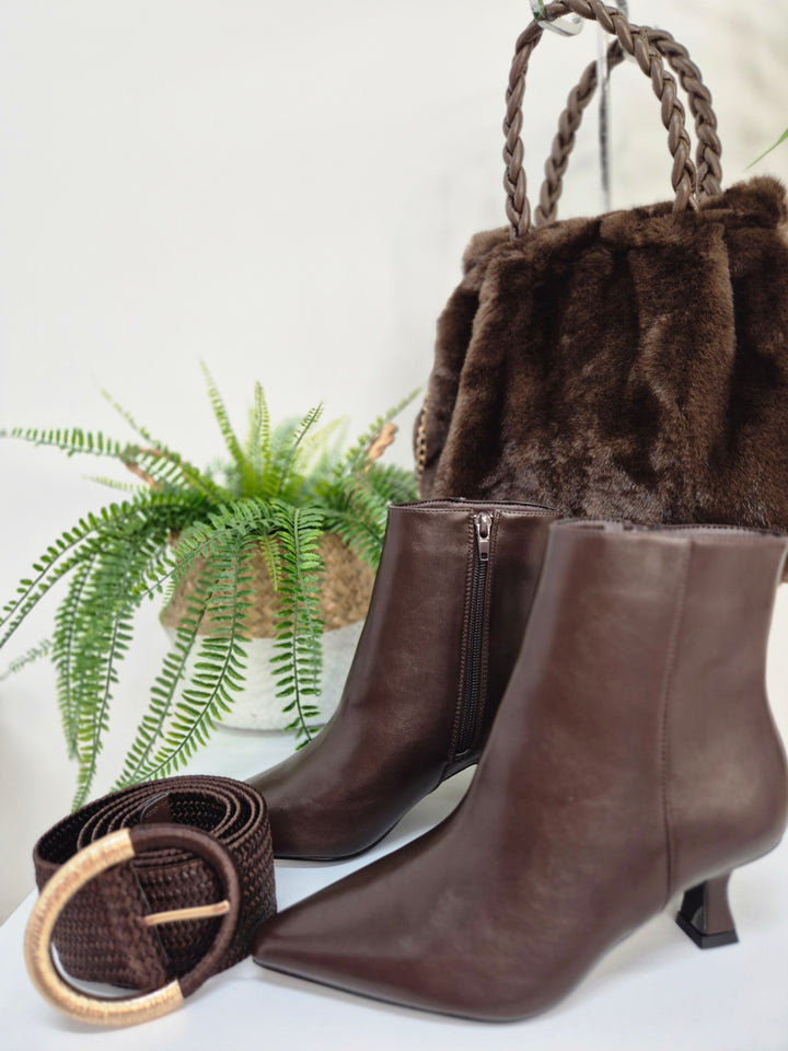 Mayfair Faux Leather Ankle Boots with Low Block Kitten Heel - Chocolate (choose your Size)