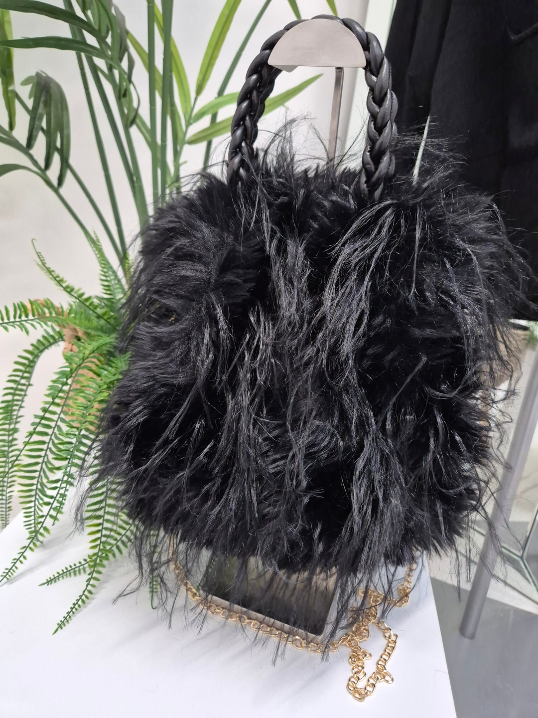 Oslo Faux Fur Shaggy Bag with Dual Handles & Chain Strap - Jet Black