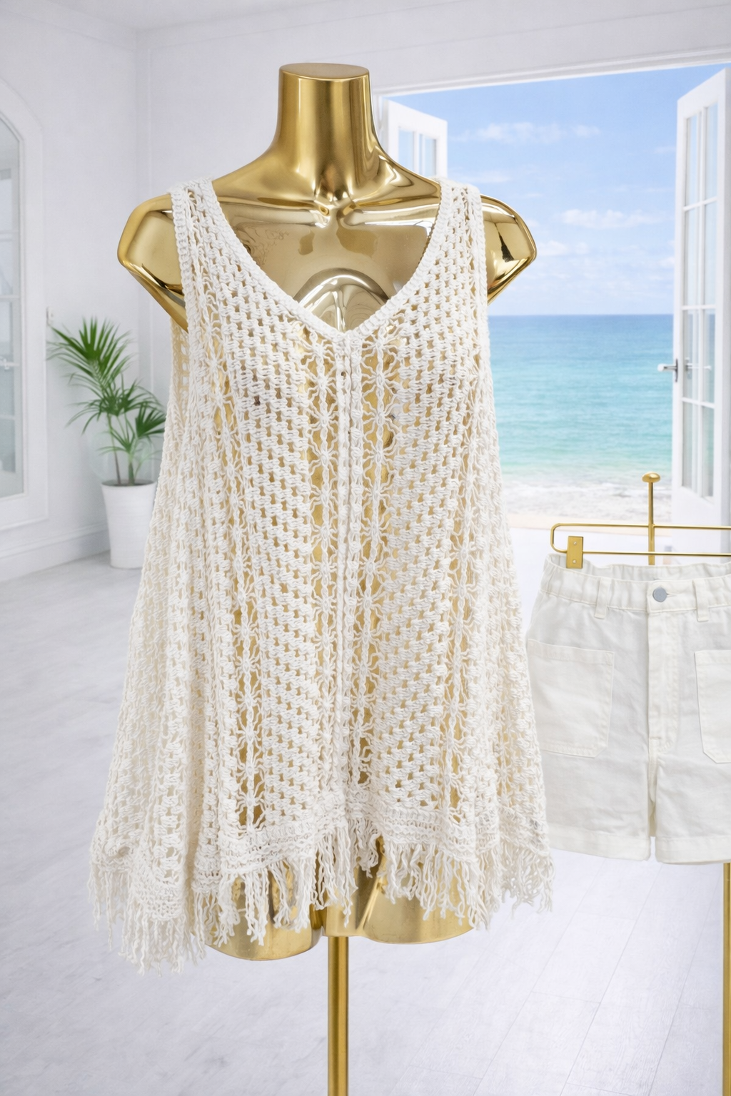 Tuscany Crochet Tassel Top with Fringing - White (One Size, fits from Size 10 up to Size 16)
