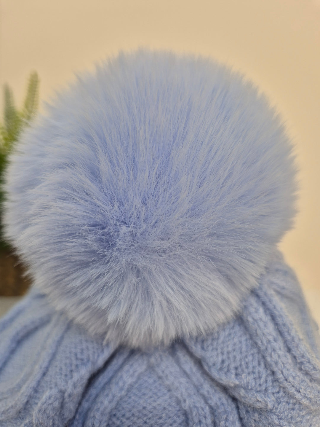 Oslo Faux Fur Pom Pom Cable Hat & Soft Feel Brushed Tassel Scarf Bundle - Powder Blue