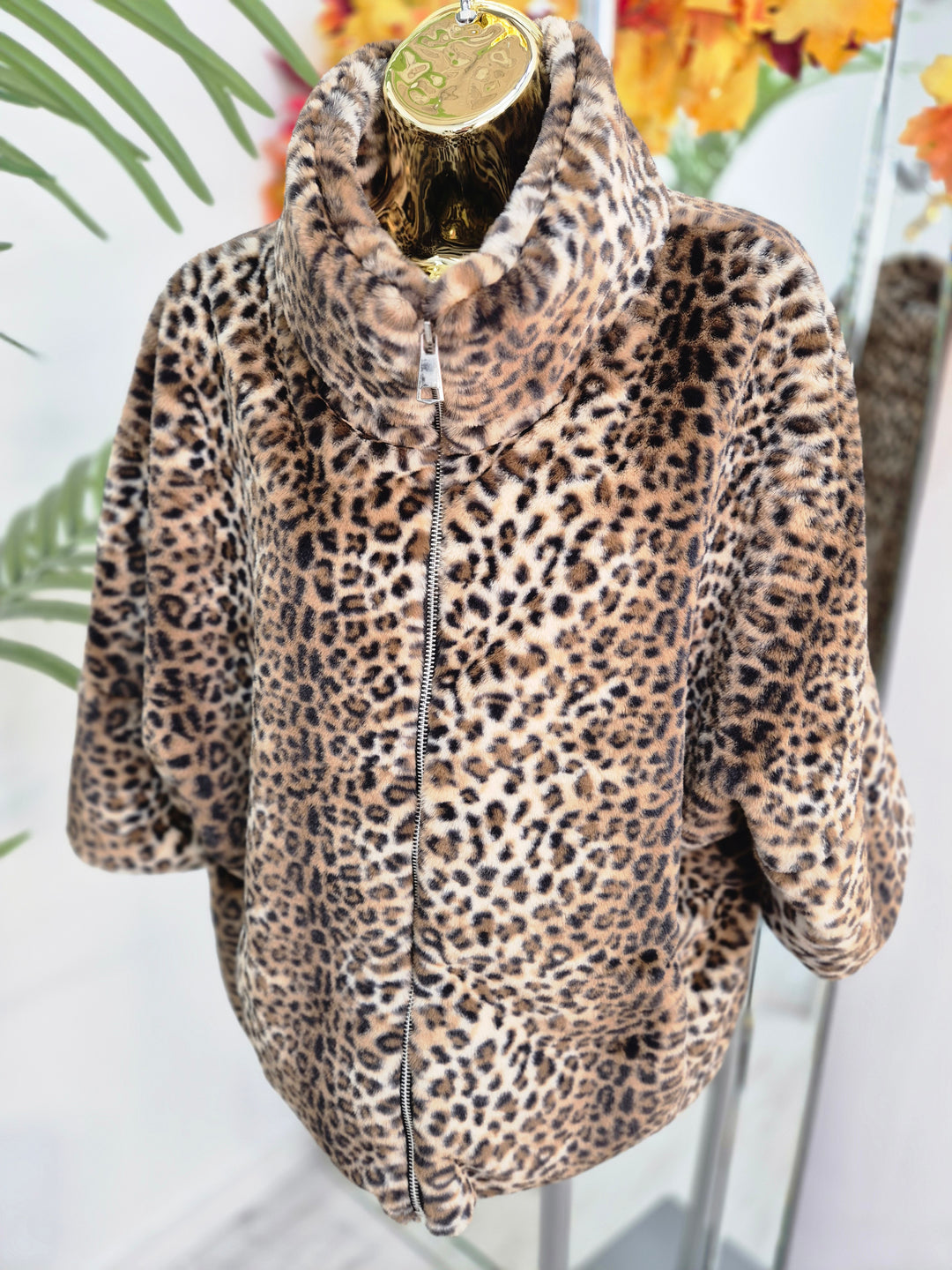 Oslo Faux Fur Jacket with Funnel Collar & Zip Fronted (One Size - fits from 10 up to Size 16) - Leopard