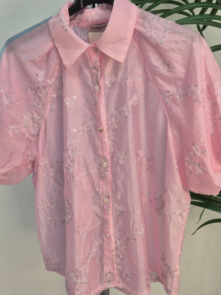 Patsy Puffball Sleeve Sparkly Blouse (One Size, fits from Size 10/12 up to Size 16) - Pink