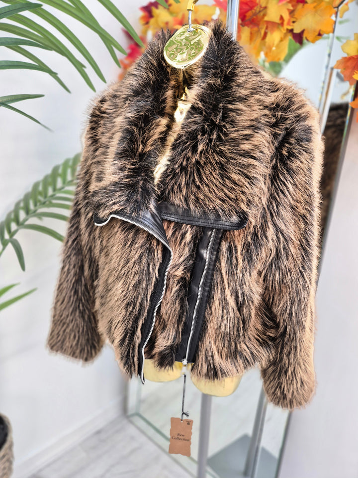 Oslo Faux Fur Jacket with Shawl Collar & Zip (One Size - fits from 10 up to Size 16) - Chocolate