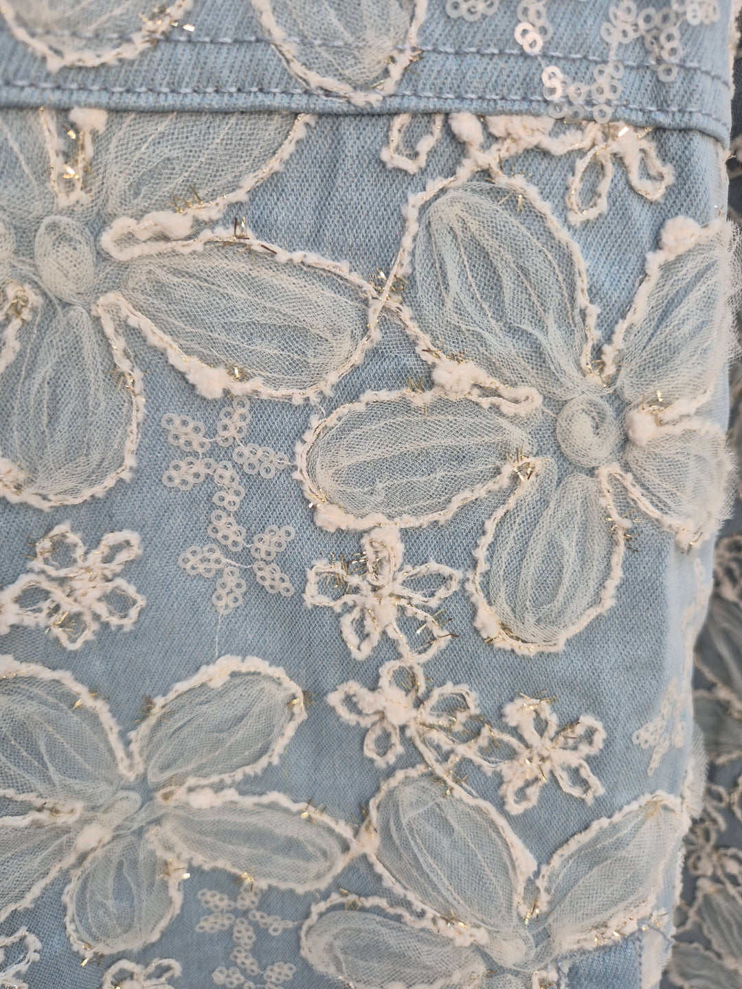 Darcy Denim Jacket - Applique Florals/Gold Metallic (One Size/Curvy, fitting from Size 14 up to 18)