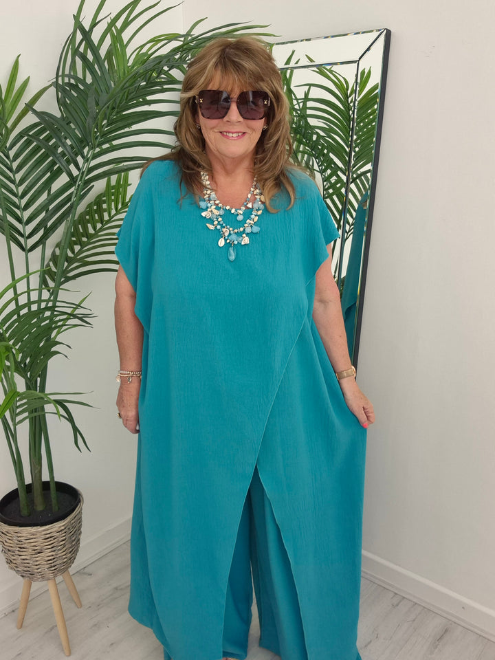 Sassi Crossover Longline Tunic & Wide Leg Pants Co-ord Set - (choose your Colour) - CURVY
