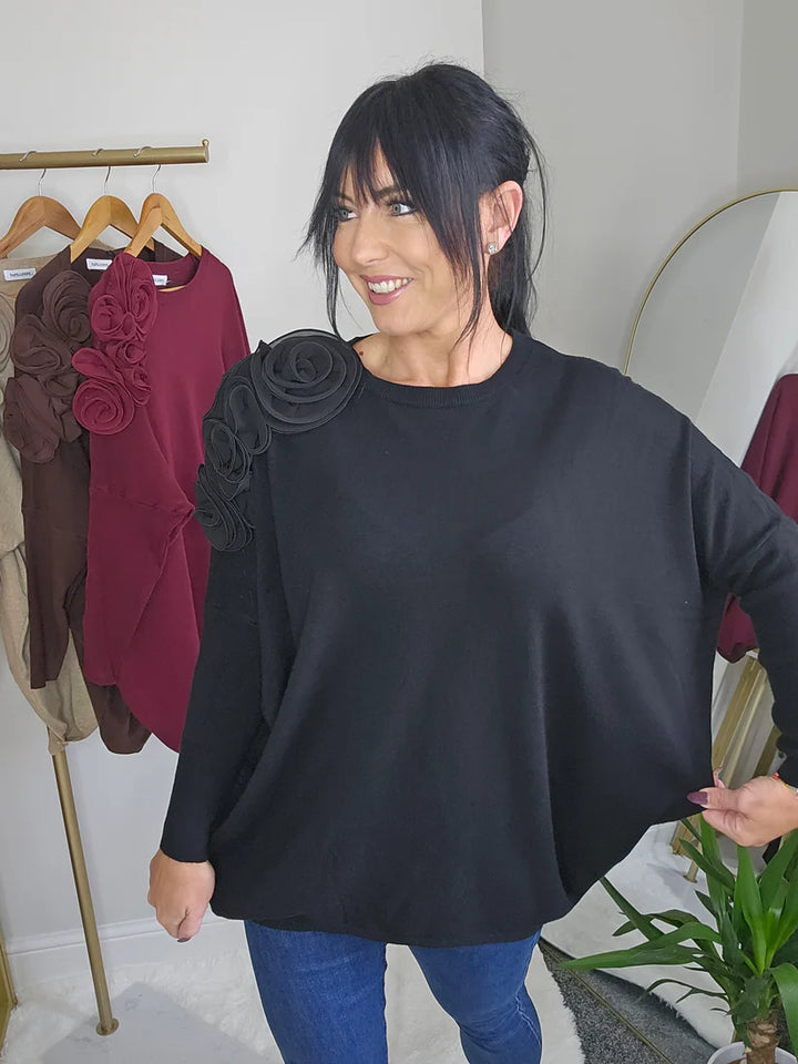 Corsage Oversized Jumper - Black (fitting from Size 14 up to Size 20)