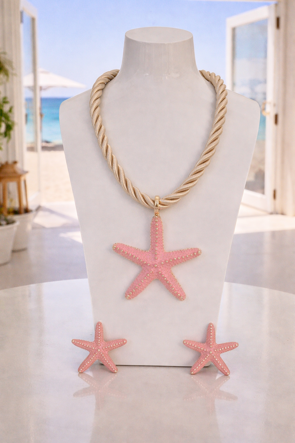 Starfish Necklace & Earrings Set (Gold Tone) - Pink
