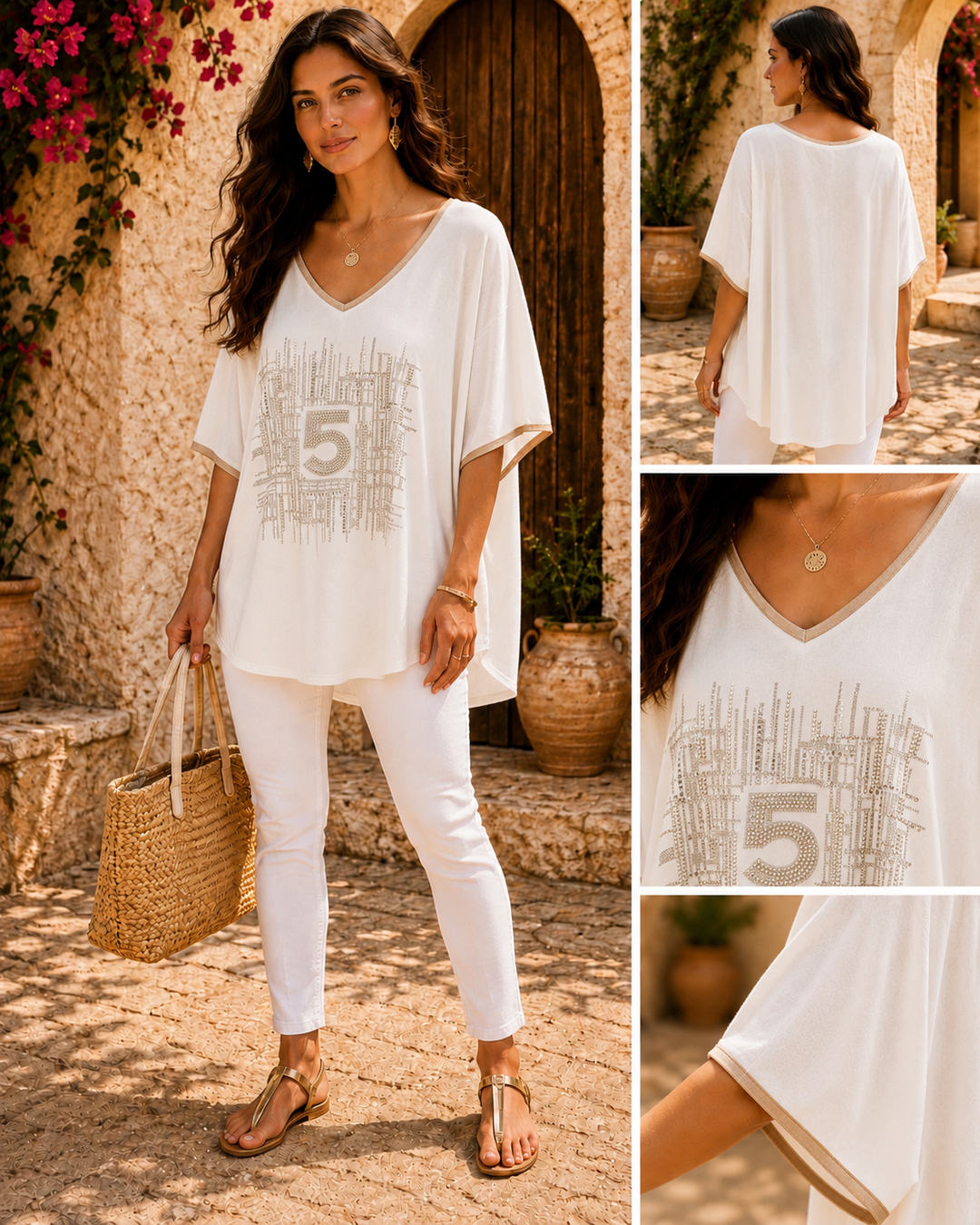 No 5 Sparkly V Neck Oversized Top - (Curvy, fits from Size 14/16 up to Size 20) - White