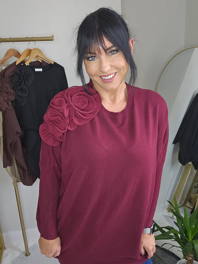 Corsage Oversized Jumper - Wine (fitting from Size 14 up to Size 20)