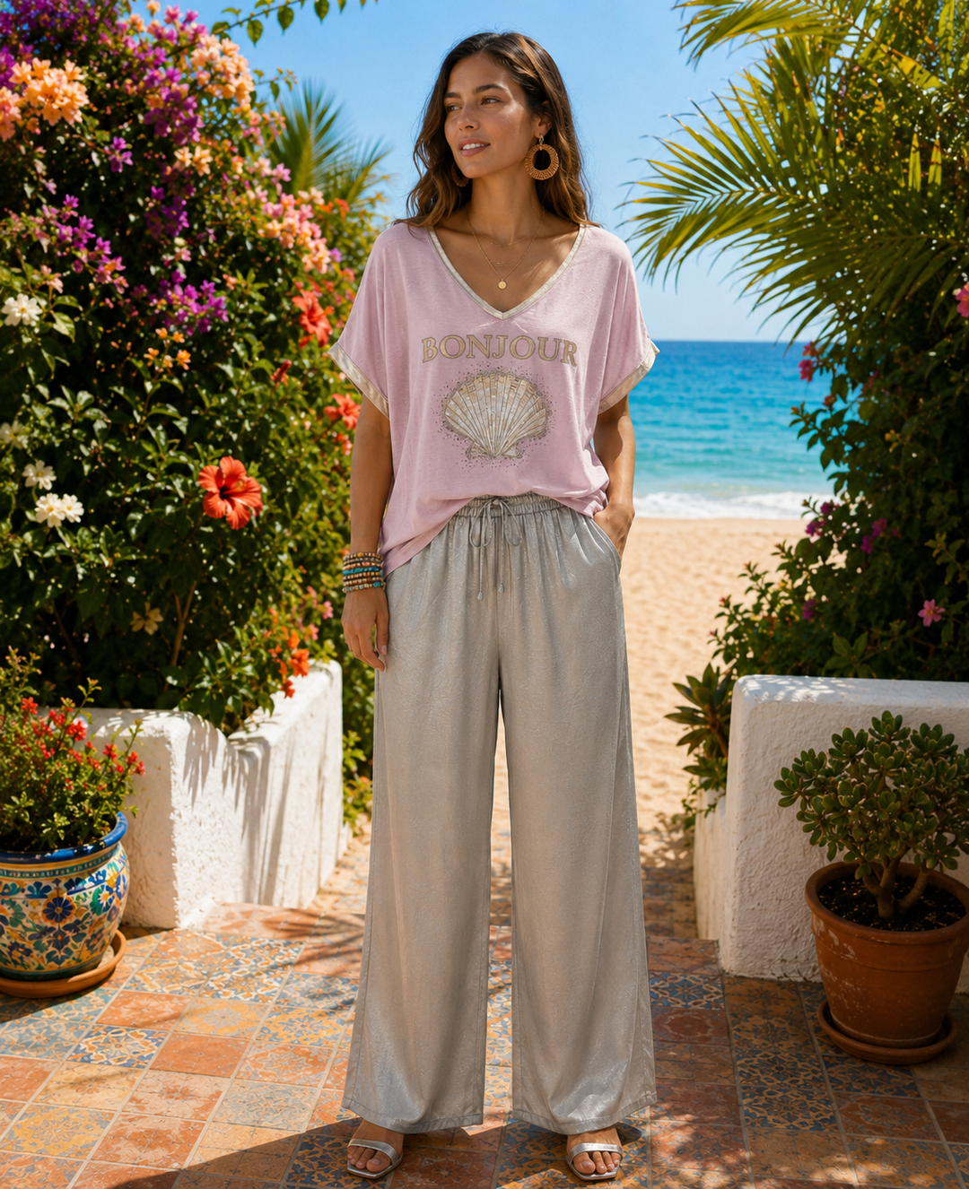 Satin Wide Leg Palazzo Pants - Champagne (One Size/Curvy, fits from Size 12 up to Size 18)