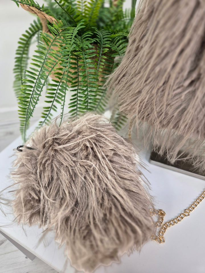 Oslo Faux Fur Shaggy Bag with Dual Handles & Chain Strap - Mocha