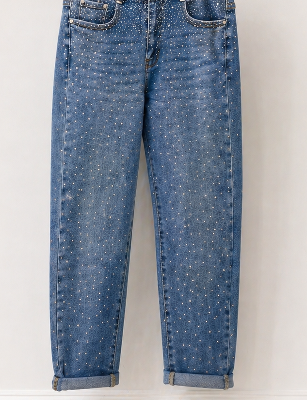 Sparkly Diamante Crystal Mom Jeans - Stonewashed (choose your Size)