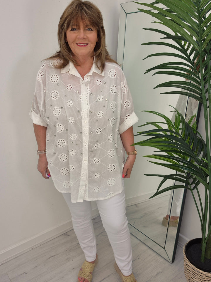 Zeta Otto Broderie Anglaise Blouse with Crystals - White (Oversized)