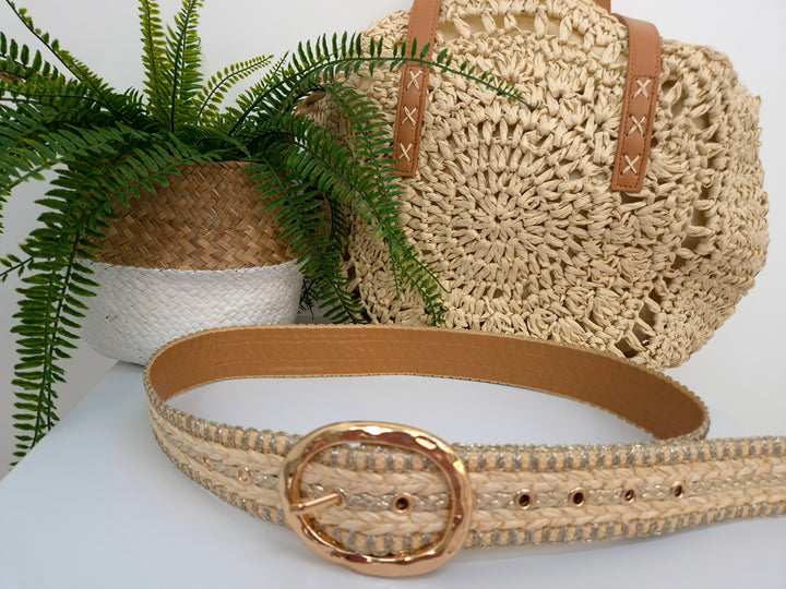 Woven Belt with Large Gold Buckle - Natural/Gold