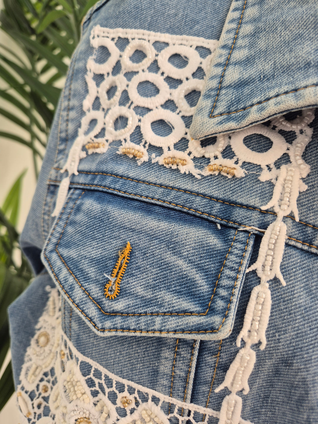 Elle Lace Tassel Denim Jacket - Light/Mid Stonewashed (One Size, fitting from Size 10 up to 14)