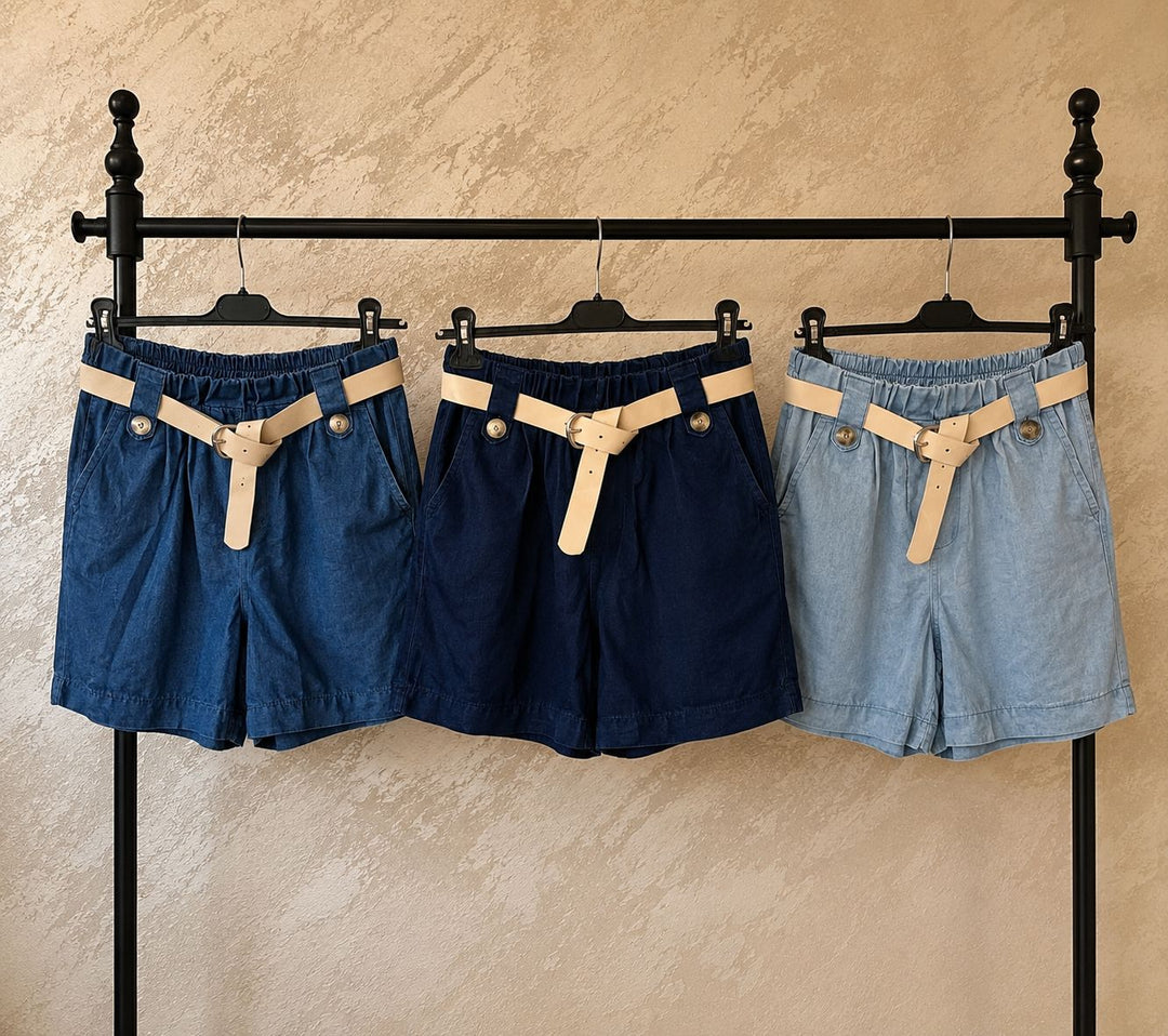Magic Denim Shorts Super Stretchy (Belted)- One Size - fits Size 10 to 16 (Indigo/Navy Denim)