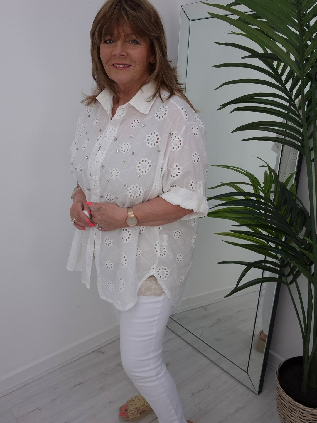 Zeta Otto Broderie Anglaise Blouse with Crystals - White (Oversized)