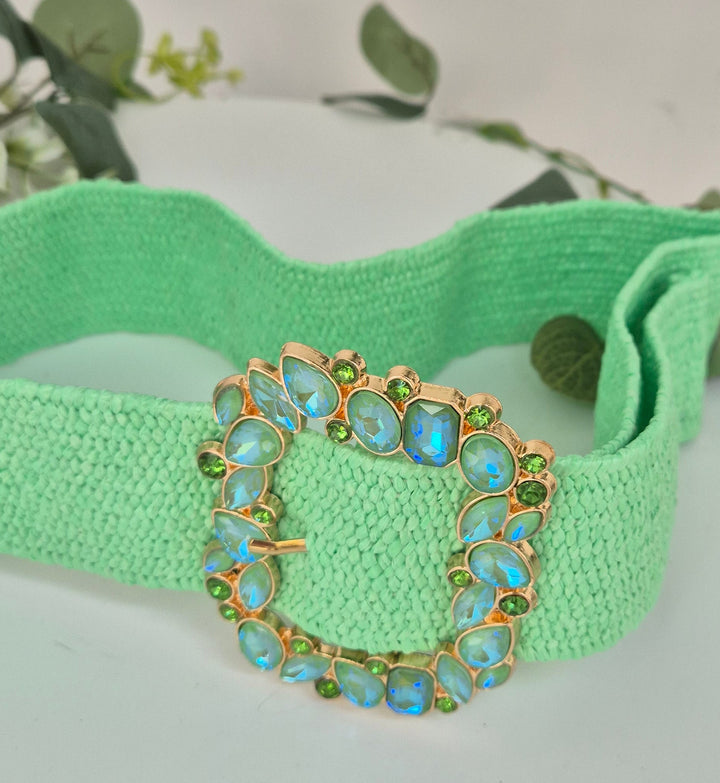 Crystal Buckle Belt (Stretchy Raffia) - (One Size) - Mint (Gold Tone)