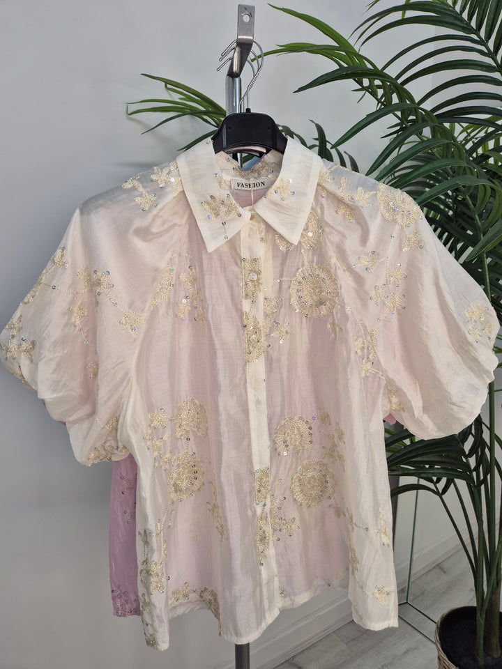 Patsy Puffball Sleeve Sparkly Blouse (One Size, fits from Size 10/12 up to Size 16) - Cream