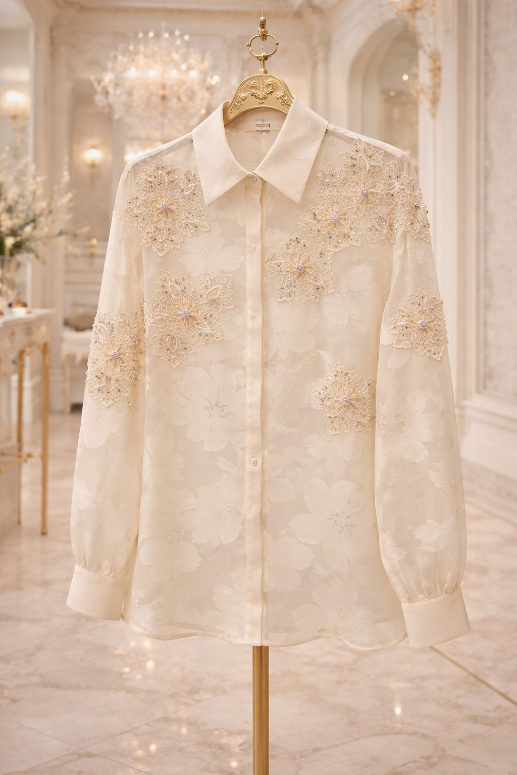 Valencia Ornate Blouse with Crystals & 3D Applique Sparkle - Stone (One Size, fits from Size 12 up to Size 16/Small Busted Size 18)