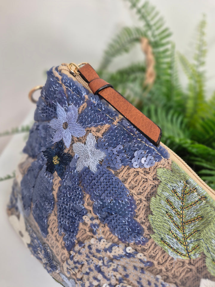 Floral Sequins Clutch Wristlet Bag - Blues