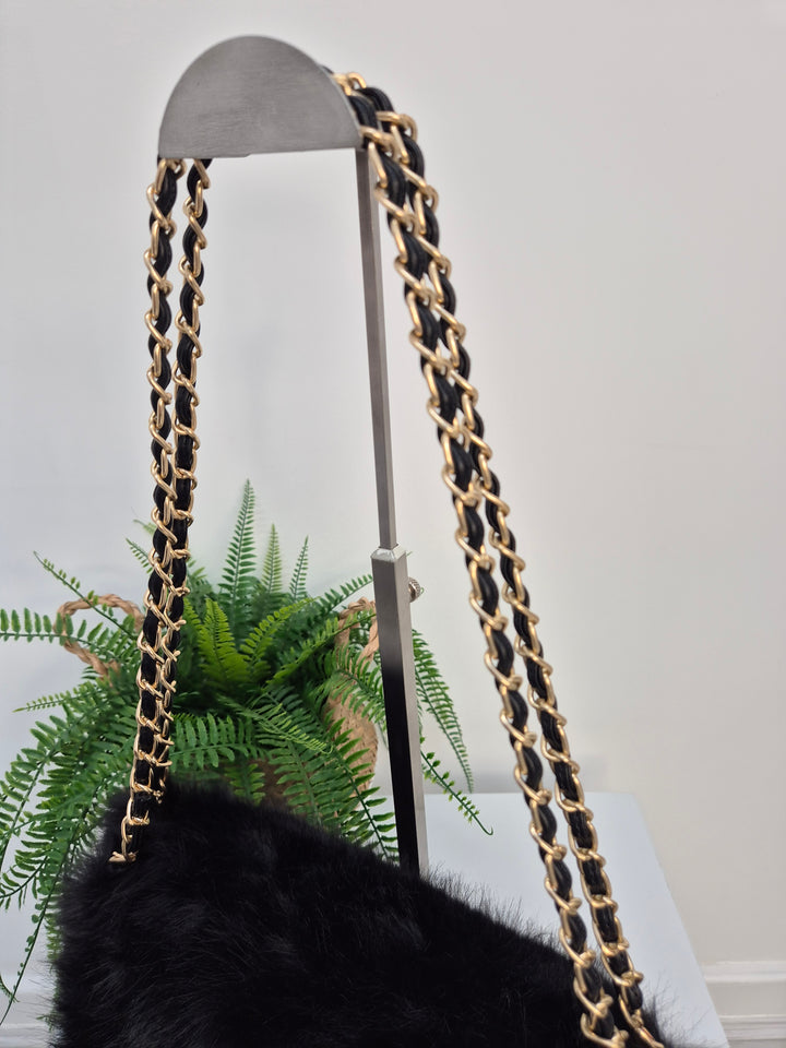 Oslo Faux Fur Bag with Gold Chain Link Dual Handles - Black