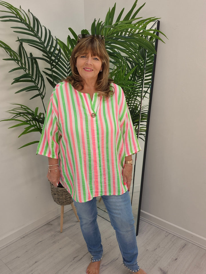 Candy Striped Hi Lo Top - Lime/Pink/White (Oversized)