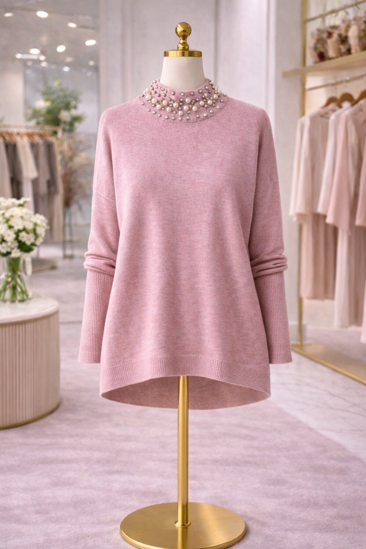 Crystal & Pearl High Neck Jumper - Pink (One Size fitting from Size 12 to Size 16)