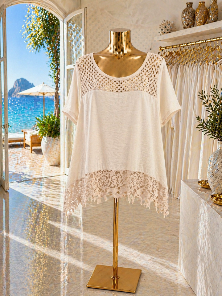 St Lucia Oversized Top with Crochet Trim (One Size/Curvy fitting from Size 14/16 up to Size 20) - Beige