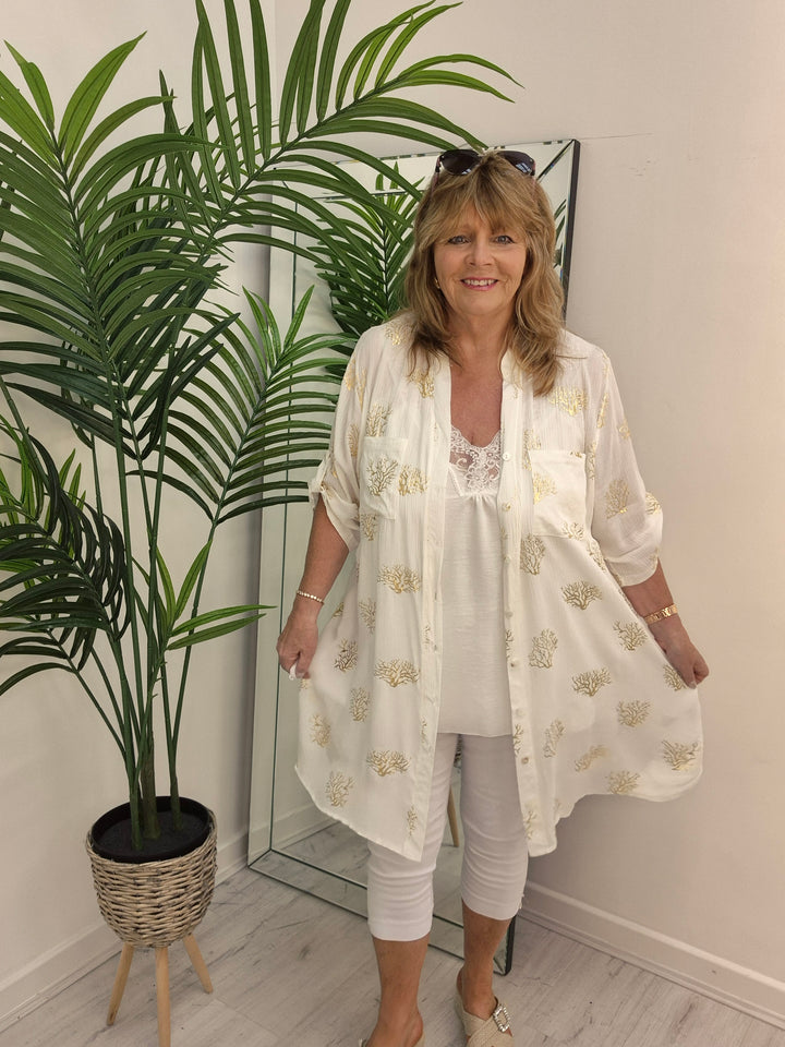 Ibiza Tree of Life Shirt Dress - White/Gold (Loose Fit)