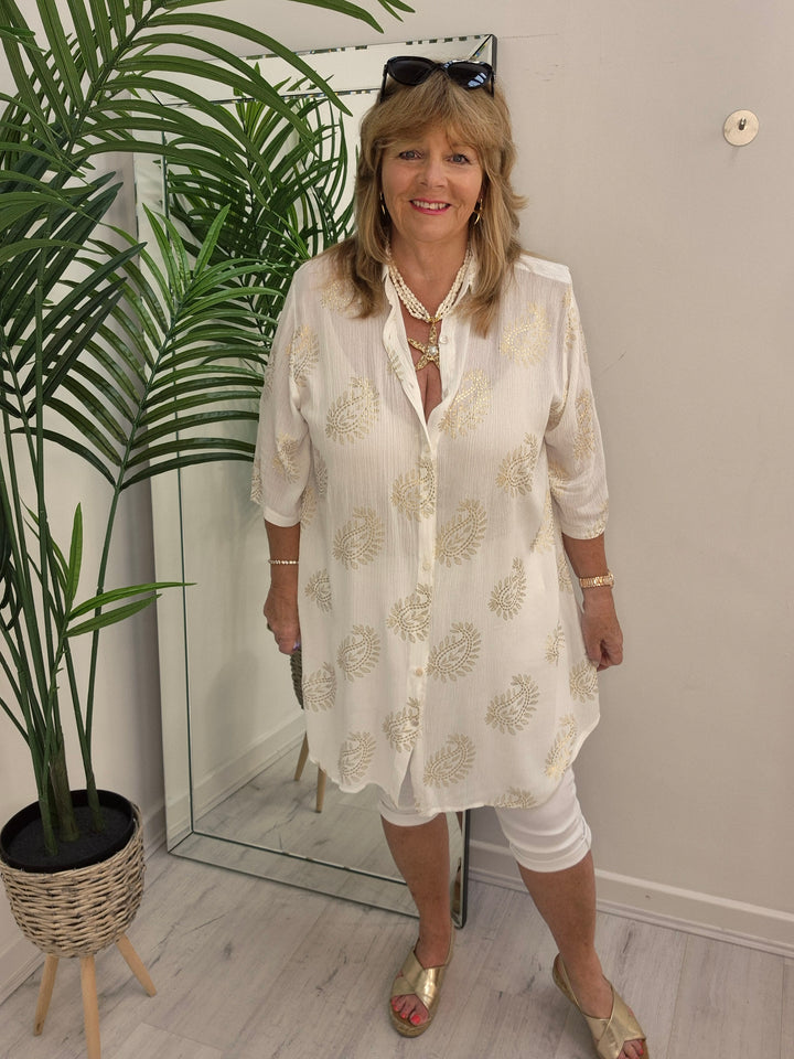 Ibiza Paisley Shirt Dress - White/Gold (Loose Fit)