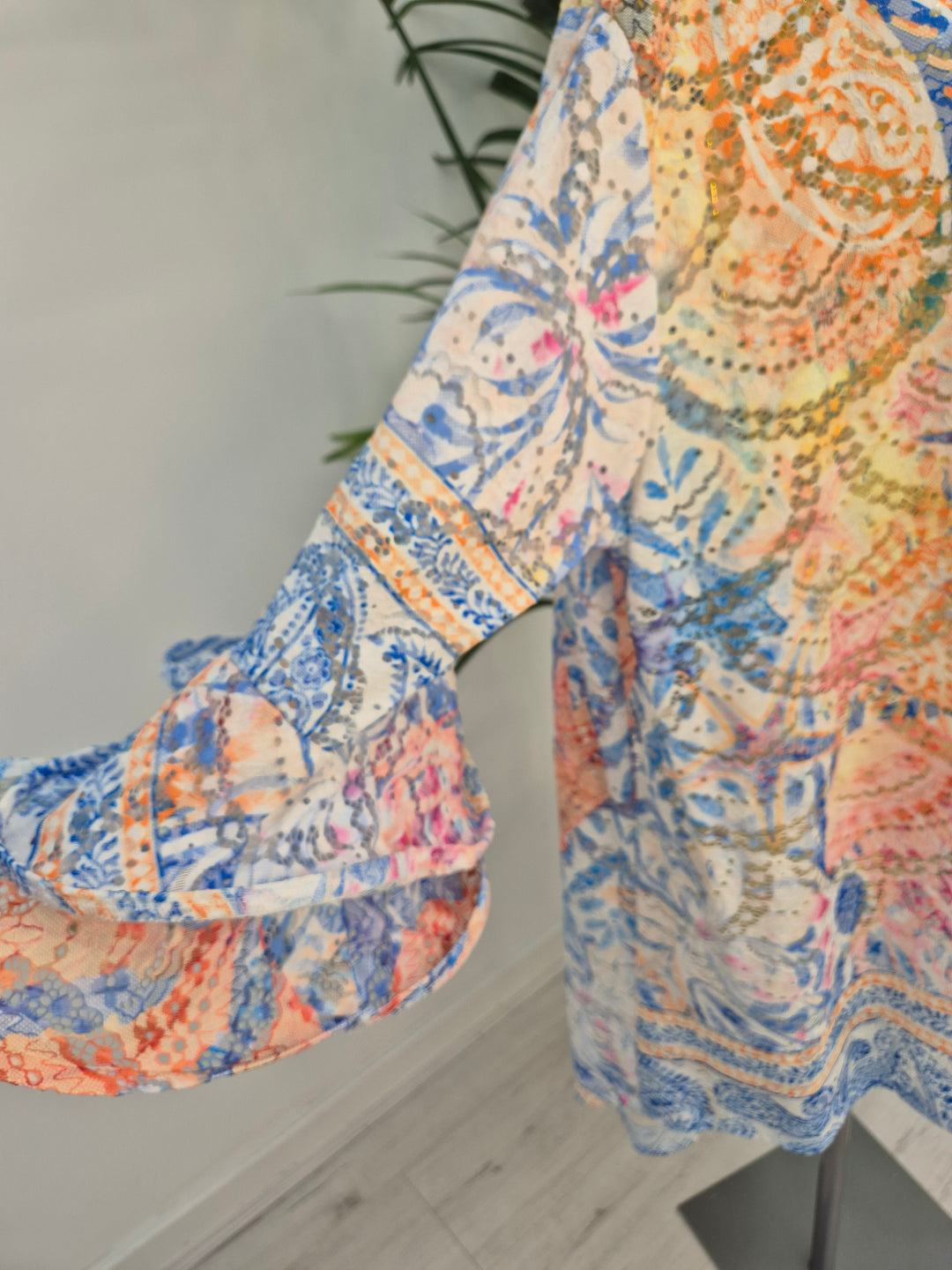 Alba Floral Double Fluted Sleeve Top - Blue Multi (Oversized, fitting from Size 14 up to Size 20)