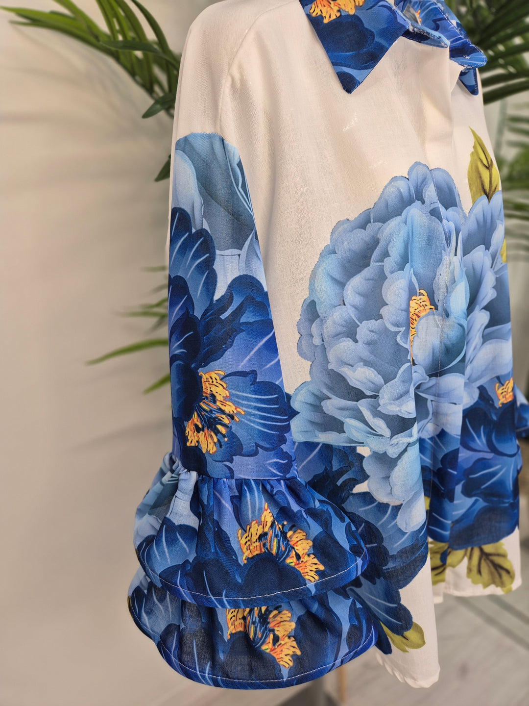 Alba Blue Floral Double Fluted Sleeve Blouse - (Oversized)