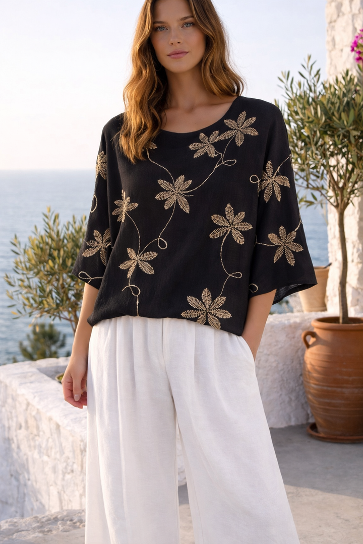 Floral Shimmer Embroidery Metallic Gold Top - One Size/Curvy from Size 12/14 up to Size 18) - (choose your Colour)