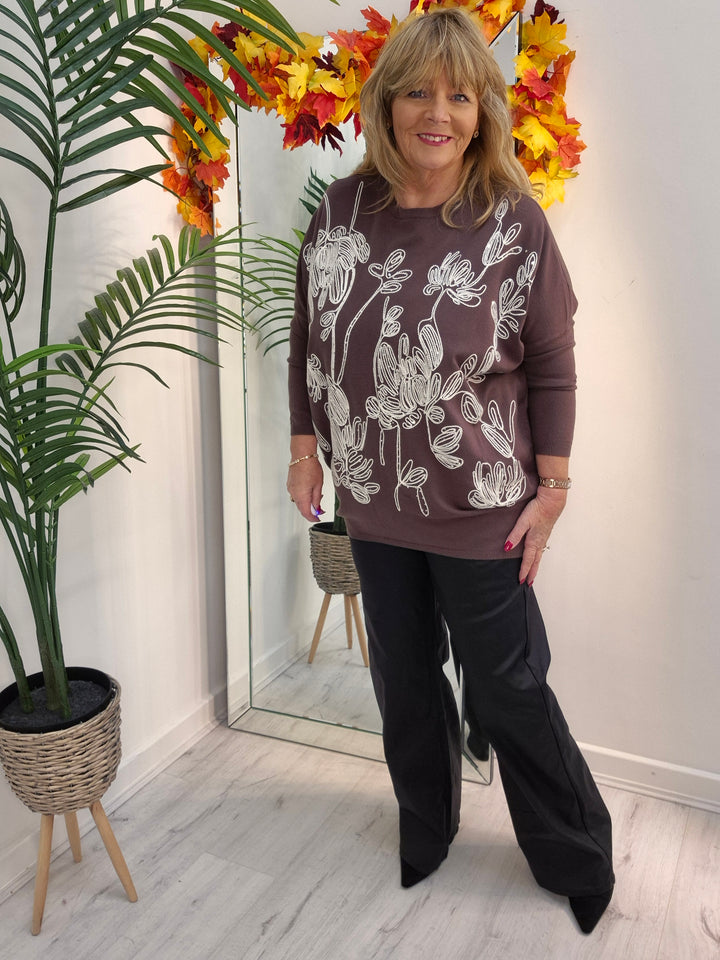 Eva Embroidered Sparkle Jumper - Chocolate (fitting from Size 14 up to Size 18/20)