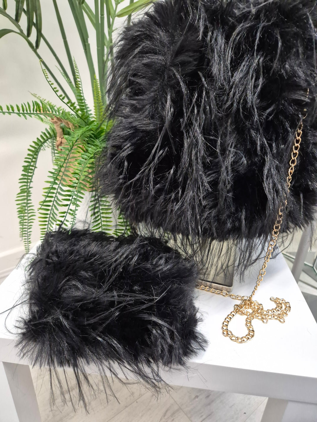 Oslo Faux Fur Shaggy Bag with Dual Handles & Chain Strap - Jet Black