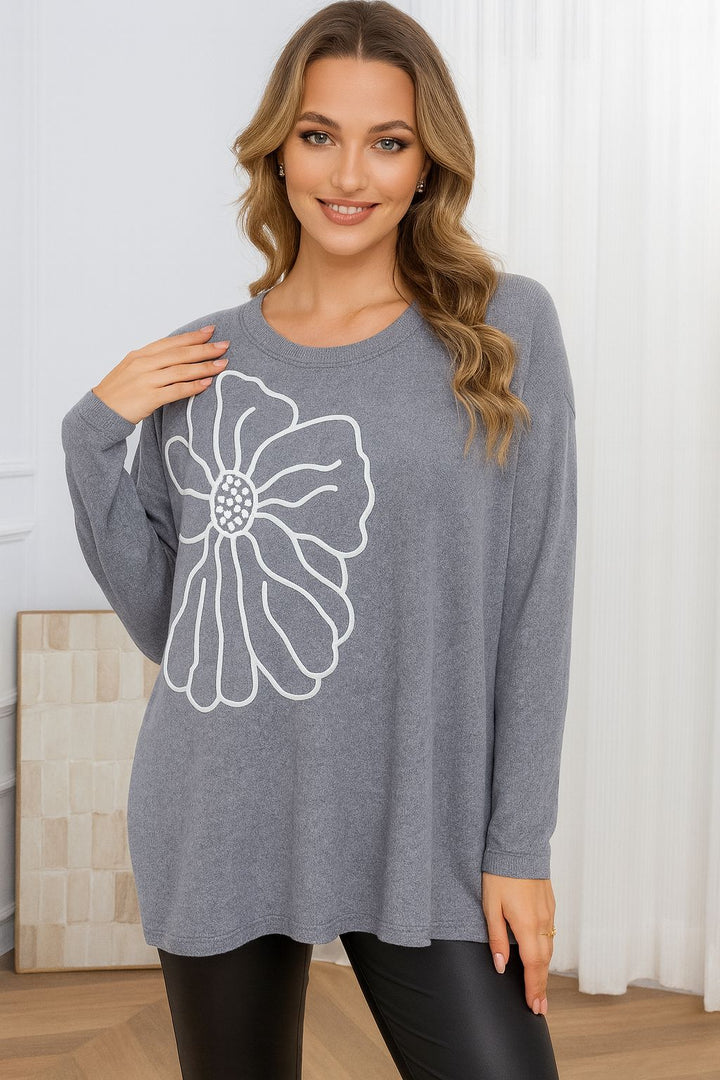 Pearl & Crystal Oversized Jumper - Grey (One Size/Curvy, fits from Size 14 up to Size 18)