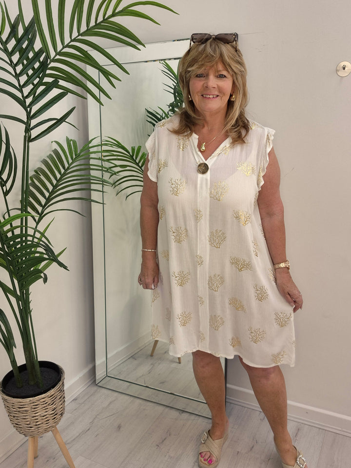 Ibiza Tree of Life Frilled Sleeve Dress - White/Gold - (Loose Fit)