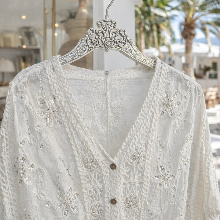 Es Cana Sparkly Embroidered Cardigan (One Size/Curvy - fits from Size 12 up to Size 18) - White