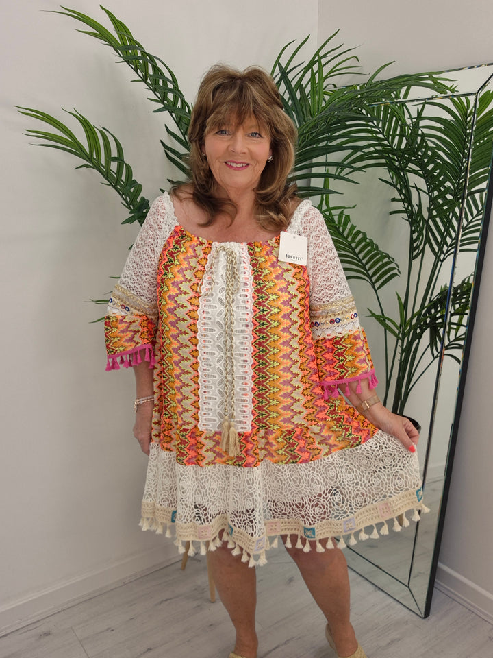 Trinidad Bardot Kaftan/Beach Dress - White/Multi (Oversized)