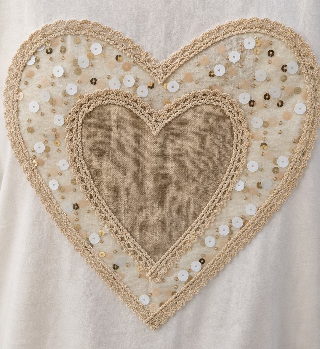 Valencia Hearts Tee with Sequins - One Size (fits from Size 10 up to Size 16) - White/Cream/Gold