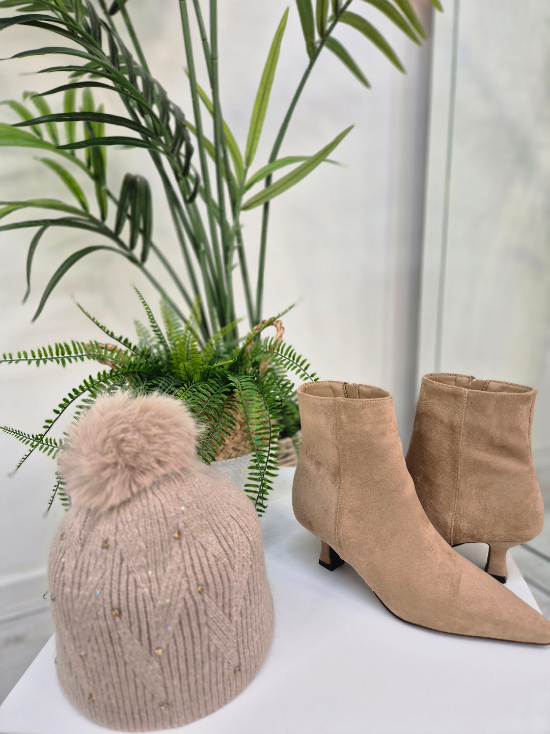 Oslo Fur Fur Pom Pom Hat with Crystals & Metallic Thread - Biscuit