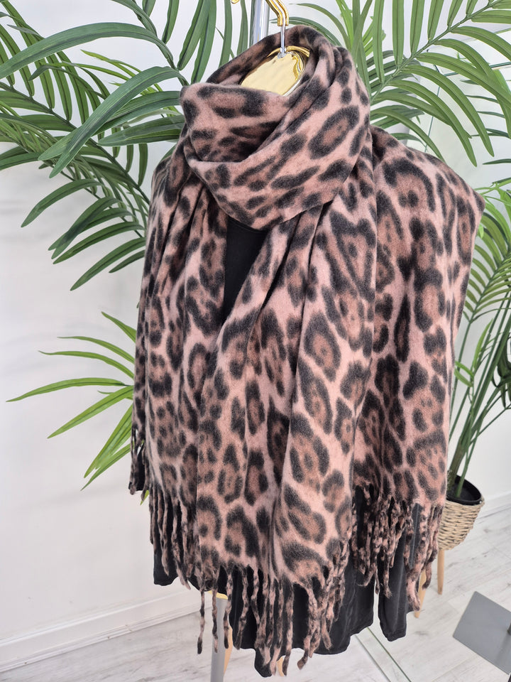 Chocolate Leopard Soft Touch Oversized Fringed Scarf