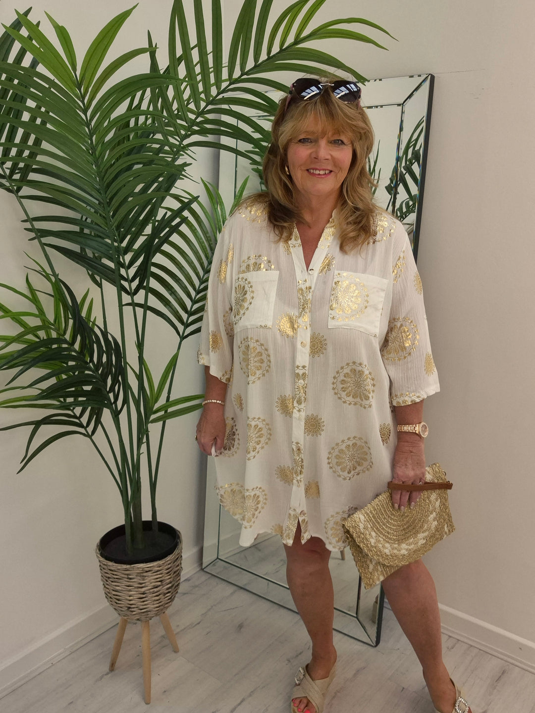 Ibiza Florals Shirt Dress - (Loose Fit) - White/Gold